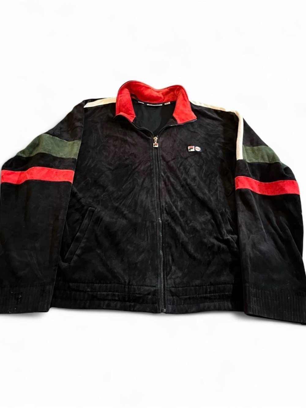 Vintage FILA Velour Track Jacket Black Red Retro Full-Zip Size XL